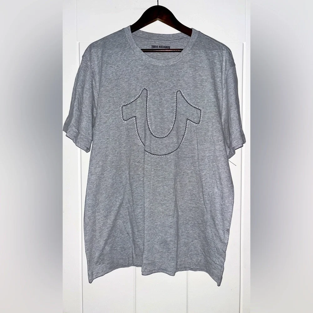 True Religion Double Stitch Horseshoe Logo Men XL Cotton Gray Tee‎ Shirt NEW